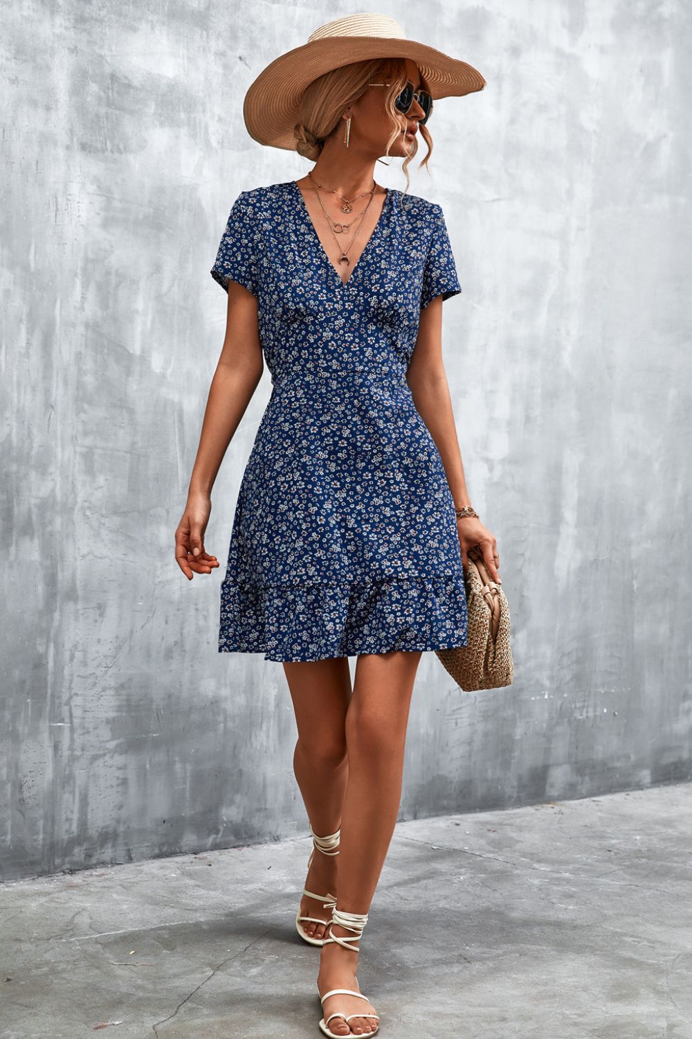 Floral V-Neck Short Sleeve Dress